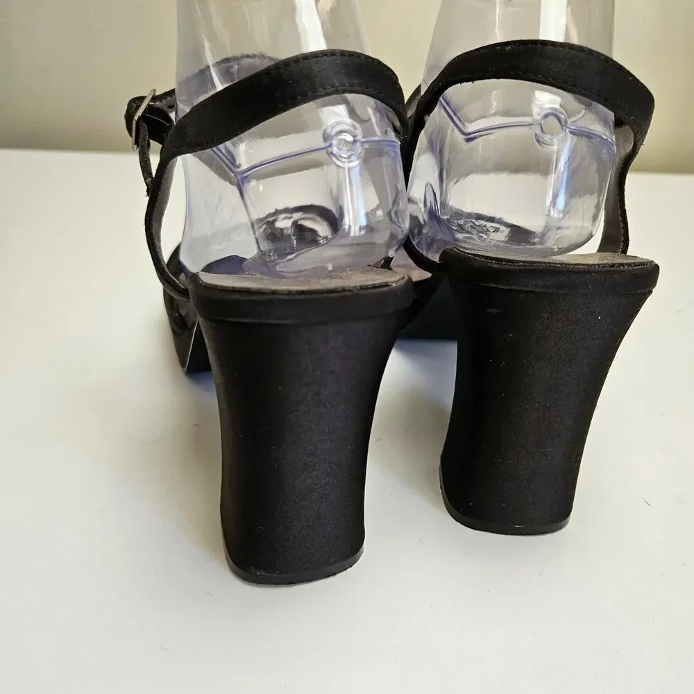 Y2K Unlisted Wedge Heels Women's 10 Black Satin Sequin Ankle Strap‎ Sandals
